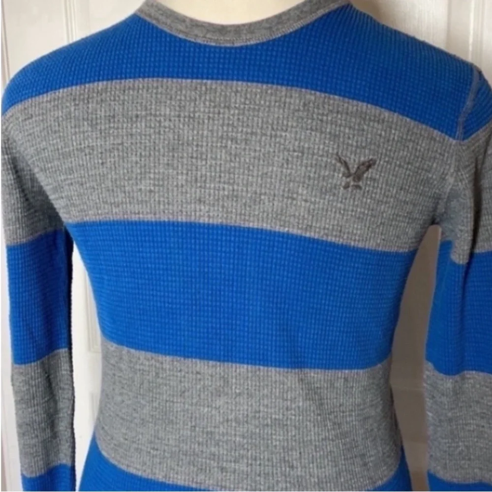 American Eagle Shirt Thermal Striped Sweater Gray Blue Long Sleeve Stripes Knit - Picture 2 of 16